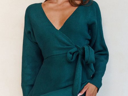 Shooting Star Long Sleeve Side Tie Knit Dress Forest Green Online now