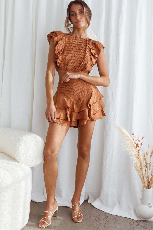 Wild And Free Pintuck Pleat And Ruffle Crop Top Tan Online Sale