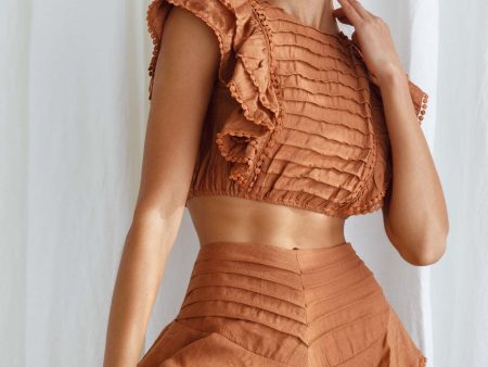 Wild And Free Pintuck Pleat And Ruffle Crop Top Tan Online Sale