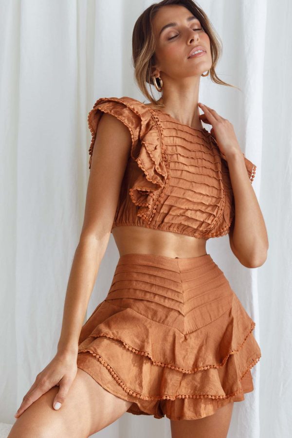 Wild And Free Pintuck Pleat And Ruffle Crop Top Tan Online Sale