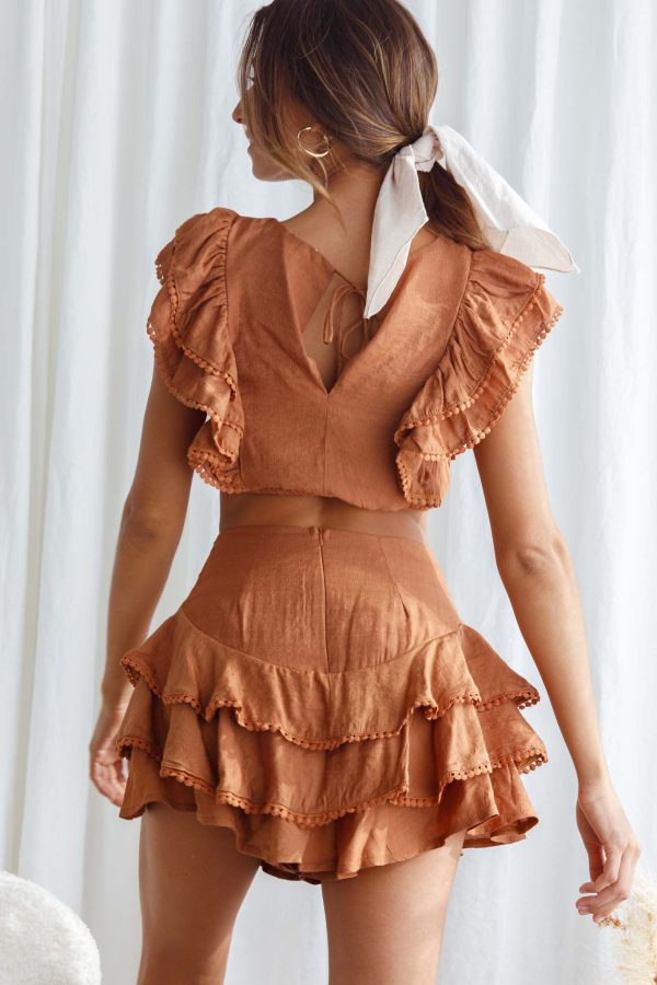 Wild And Free Pintuck Pleat And Layered Ruffle Shorts Tan For Cheap