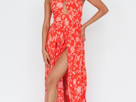 Athena High Split Maxi Dress Floral Print Red Fashion