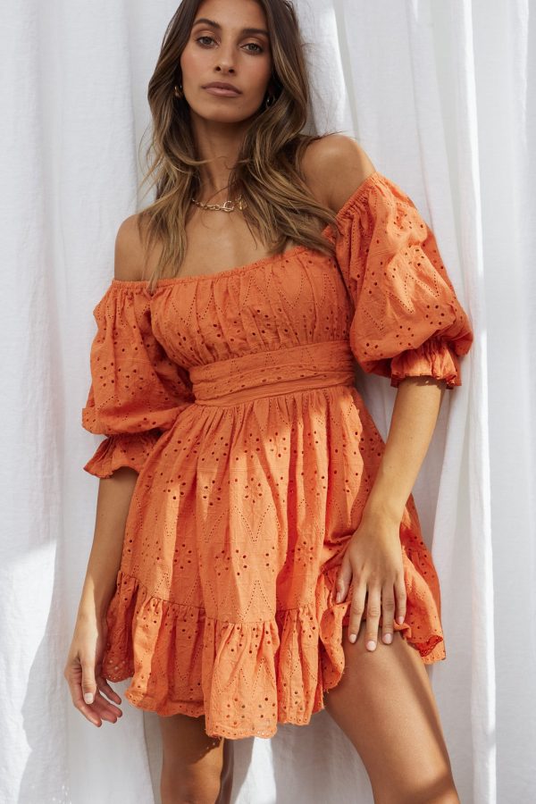 Abby Off-Shoulder Tie-Up Back Dress Eyelet Embroidery Dress Orange Online