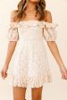 Up Front Puff Sleeve String-Tie Halterneck Embroidery Dress Beige Sale