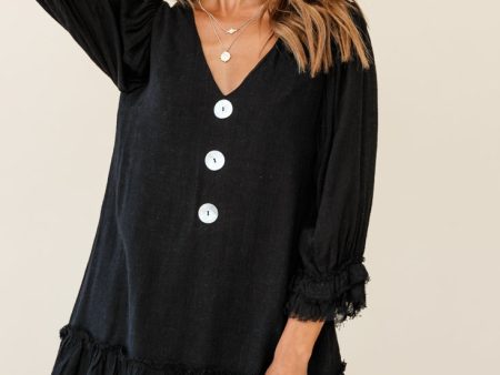 Amala Balloon Sleeve Button Detail Linen Dress Black Supply