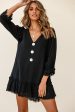 Amala Balloon Sleeve Button Detail Linen Dress Black Supply