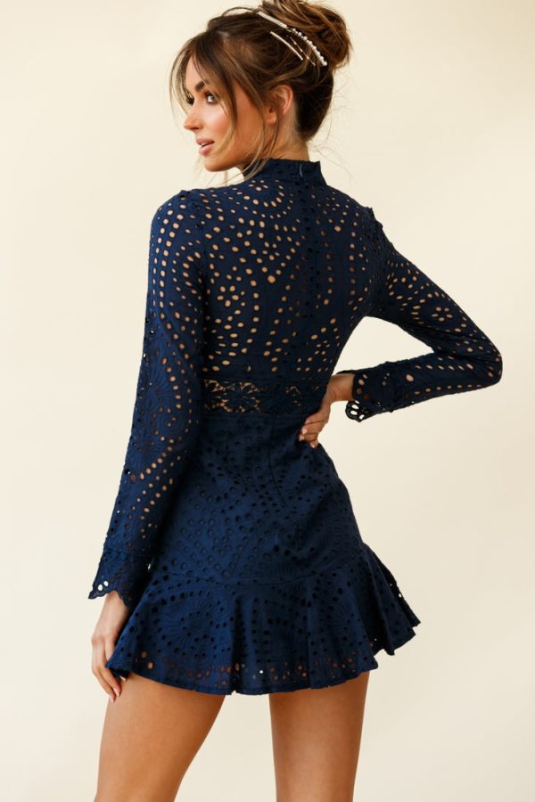 Anglaise Embroidered Long Sleeve Turtleneck Dress Navy Sale