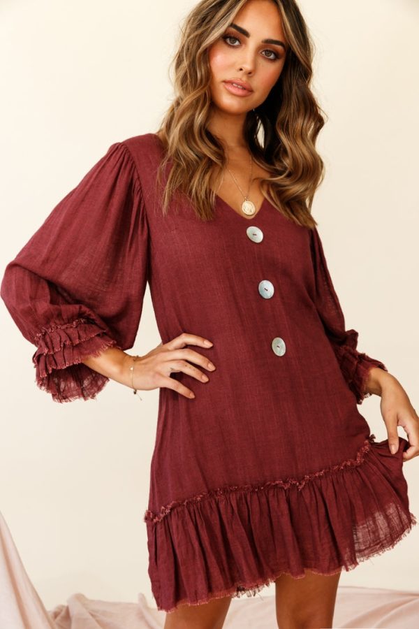 Amala Balloon Sleeve Button Detail Linen Dress Maroon Supply