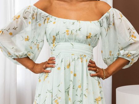 Abby Off-Shoulder Tie-Up Back Dress Floral Print Mint on Sale