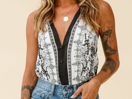 Get Loud Button Front Open Back Bodysuit Paisley Print Black Discount