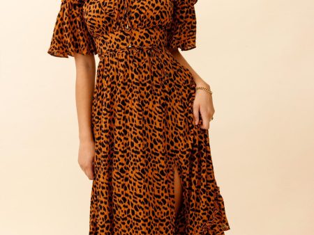 Voyager Off-Shoulder Bell Sleeve Midi Dress Leopard Print Brown Online Sale