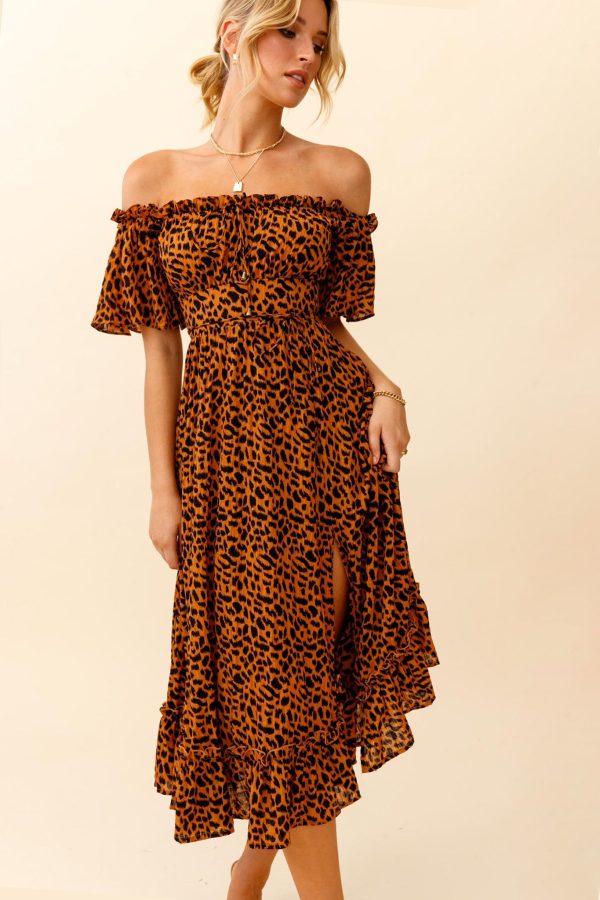 Voyager Off-Shoulder Bell Sleeve Midi Dress Leopard Print Brown Online Sale