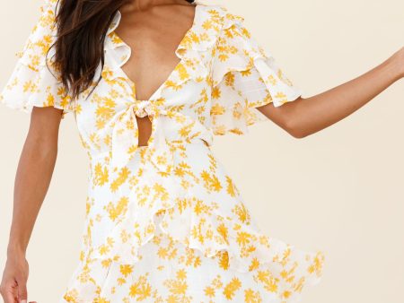 Aubrey Tied Bust Ruffle Trim Dress Floral Print Yellow on Sale