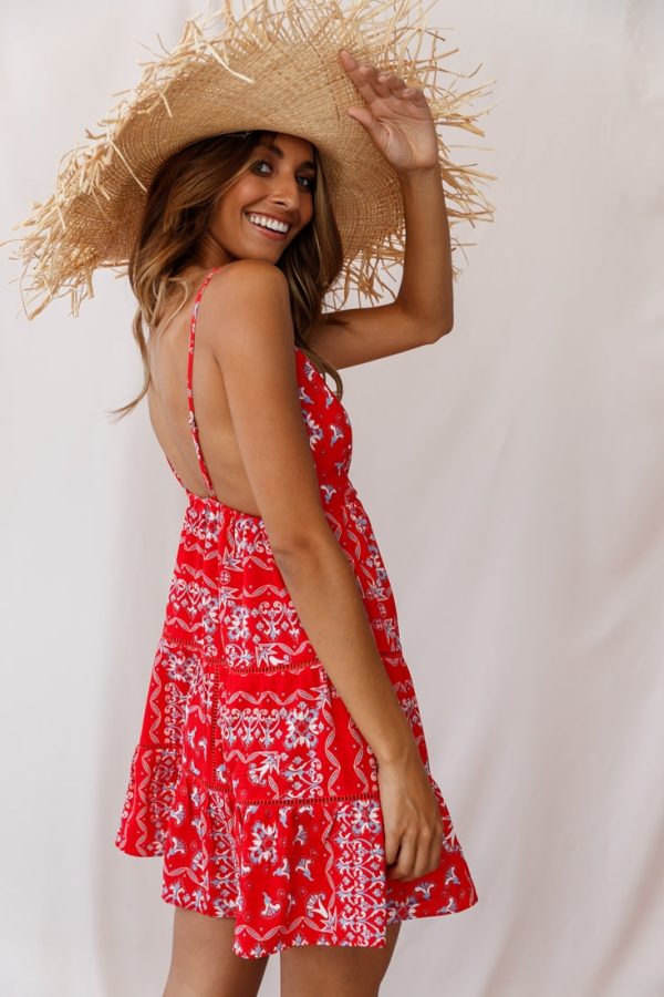 Ariya V-Neckline Frill Hem Sun Dress Red Print Online now