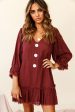 Amala Balloon Sleeve Button Detail Linen Dress Maroon Supply