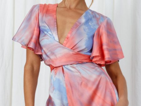 Unconditional Plunging Wrap Style Romper Marbled Tie Dye Red Purple For Sale