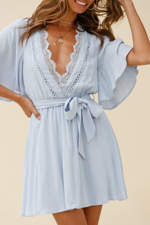 Angela Lace-Trimmed Bust Angel Sleeve Dress Steel Blue on Sale