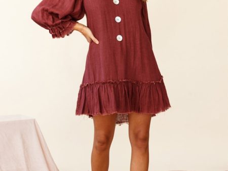 Amala Balloon Sleeve Button Detail Linen Dress Maroon Supply