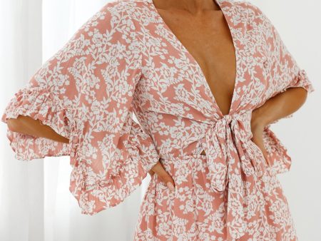 Athira Tied Bust Flared Sleeve Romper Floral Stencil Print Pink Cheap