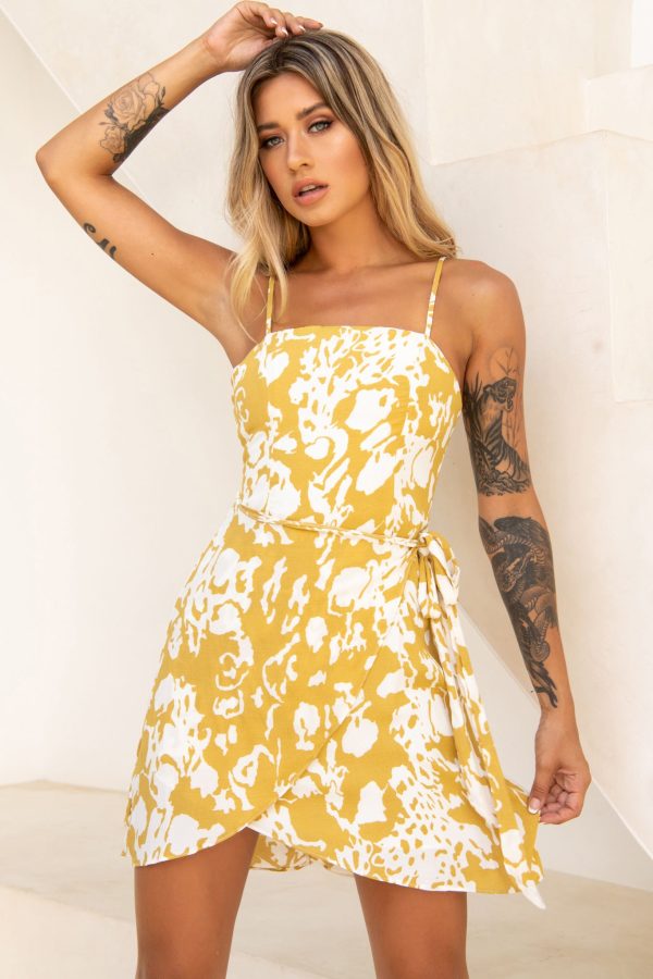 Wattle Cami Strap Wrap Dress Printed Mustard Online now