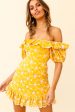 Up Front Puff Sleeve String-Tie Halterneck Embroidery Dress Yellow Fashion