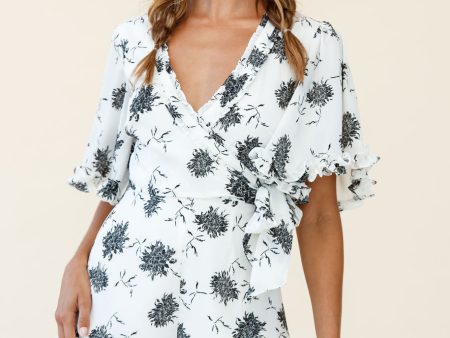 Wild Heart Bell Sleeve Wrap Romper Floral Print White Fashion