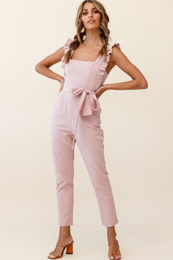 All For Love Square Neckline Ruffle Strap Jumpsuit Blush Online