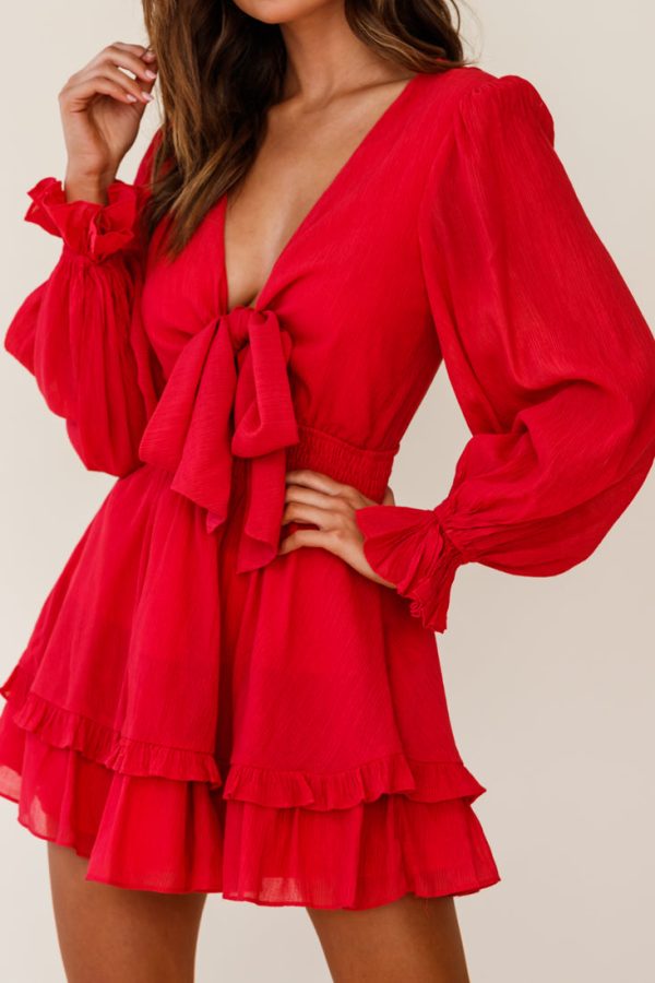 Anthea Bow-Tie Front Layered Frill Dress Red Online now