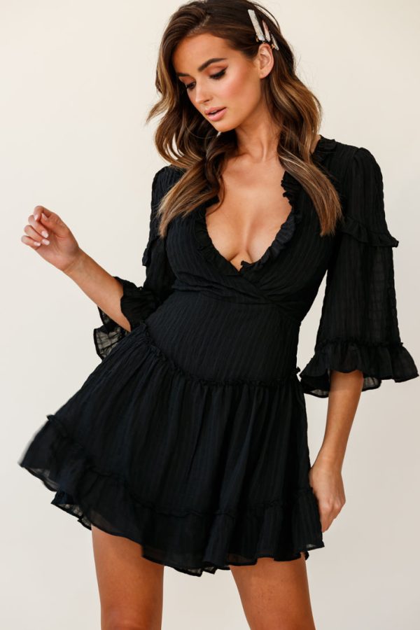 Albany Lace Up Back Frill Dress Shirred Black Online Hot Sale