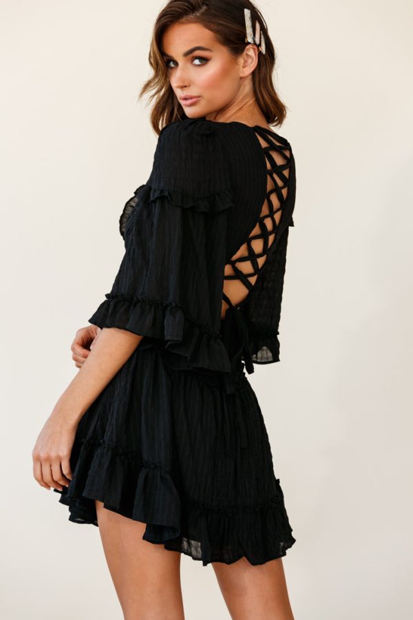 Albany Lace Up Back Frill Dress Shirred Black Online Hot Sale