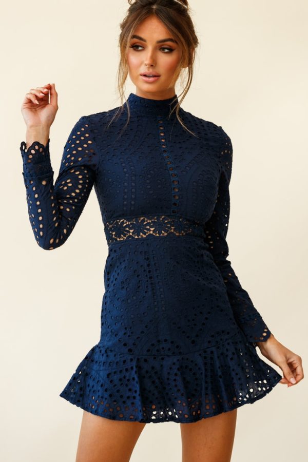 Anglaise Embroidered Long Sleeve Turtleneck Dress Navy Sale