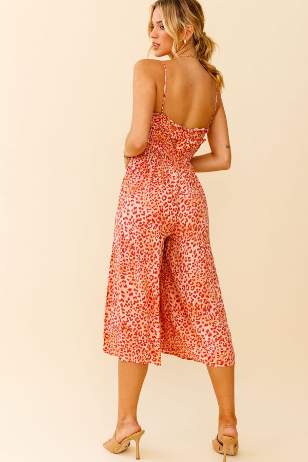 Weekend Escape Cami Strap Drawstring Jumpsuit Animal Print Orange Sale