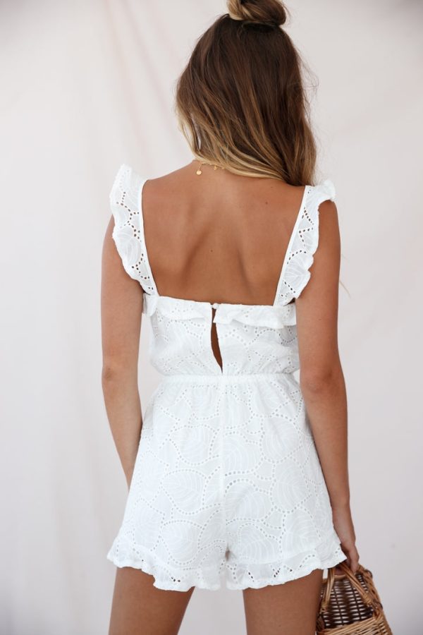 Virginia Ruffle Strap Eyelet Embroidery Romper White Hot on Sale