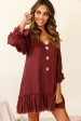 Amala Balloon Sleeve Button Detail Linen Dress Maroon Supply