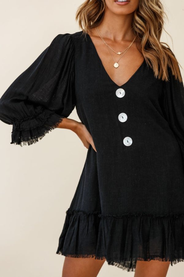 Amala Balloon Sleeve Button Detail Linen Dress Black Supply