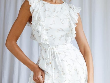 Wilton Ruffle Shoulder A-Line Dress Floral Twig Print White For Sale