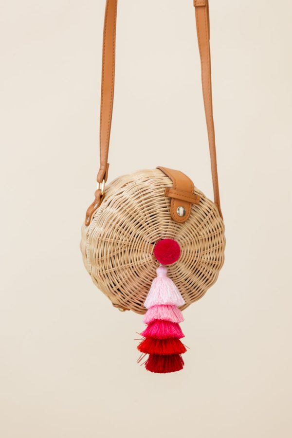 Tulum Woven Circle Tassel Trim Bag Pink Online Hot Sale