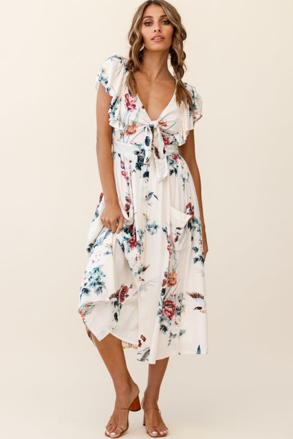 Amelie Tied Bust Pocket Midi Dress Floral Print Beige Discount