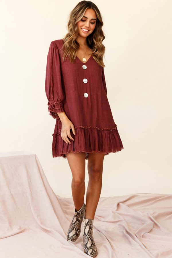 Amala Balloon Sleeve Button Detail Linen Dress Maroon Supply