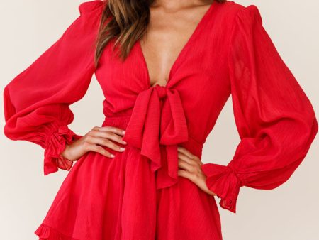 Anthea Bow-Tie Front Layered Frill Dress Red Online now