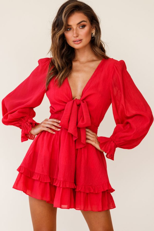 Anthea Bow-Tie Front Layered Frill Dress Red Online now