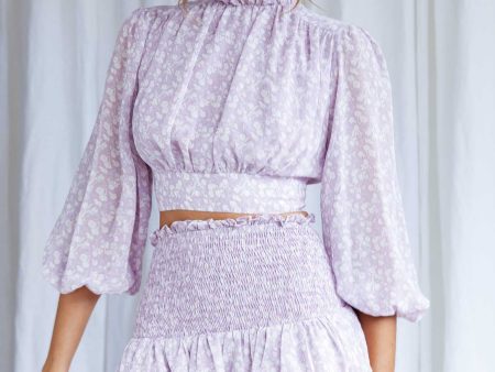 Whisked Away Balloon Sleeve Open Back Crop Top Floral Print Lilac Cheap