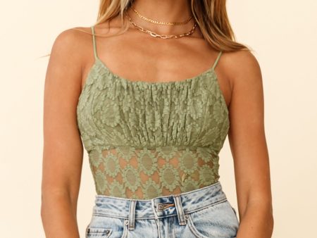 Dirty Dancing Ruched Bust Low-Back Lace Bodysuit Avocado Cheap