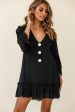 Amala Balloon Sleeve Button Detail Linen Dress Black Supply