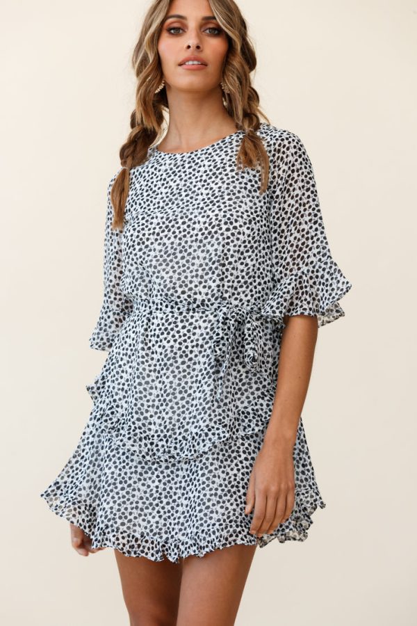 Wife Me Crew Neck Ruffle Insert Dress Polka Dot Black For Sale