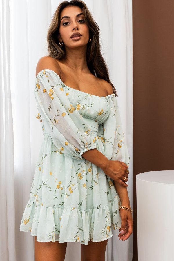 Abby Off-Shoulder Tie-Up Back Dress Floral Print Mint on Sale