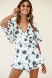 Wild Heart Bell Sleeve Wrap Romper Floral Print White Fashion