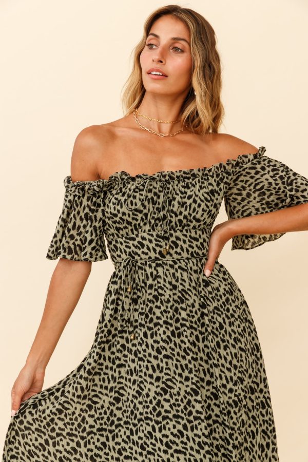 Voyager Off-Shoulder Bell Sleeve Midi Dress Leopard Print Olive Supply