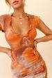 Wake Up Call Ruched Accent Ruffle Dress Marble Print Orange Discount