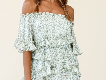 Astoria Bardot Neckline Frill Romper Floral Print Green For Cheap